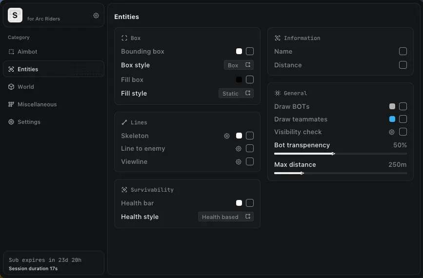 ARC Raiders Ares ESP menu showing bounding boxes, skeletons, health bars, names, distance and draw bots and teammates options