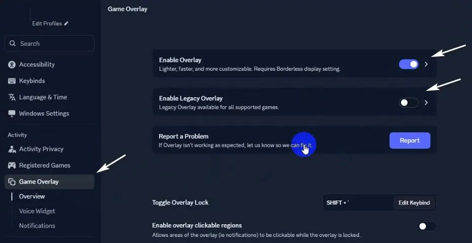 Discord Game Overlay settings with Enable Overlay on and Enable Legacy Overlay off