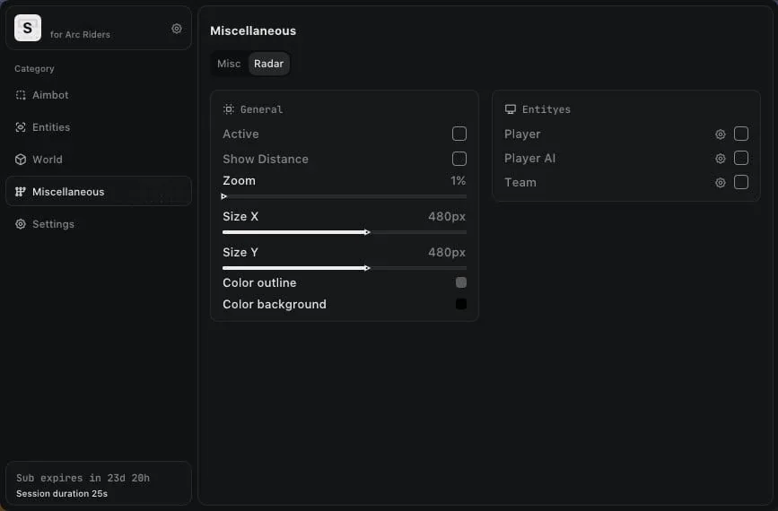 ARC Raiders Ares 2D radar menu showing zoom, radar size and player, AI and team markers