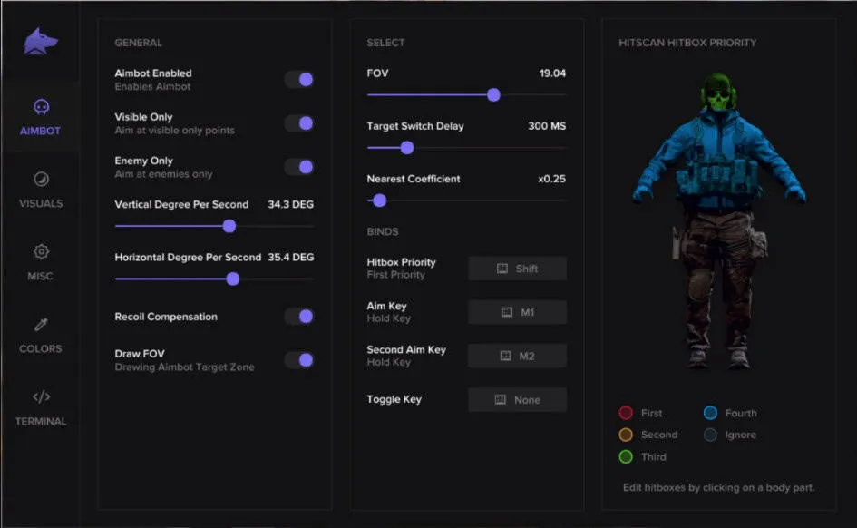 Fecurity aimbot menu with FOV, hitbox priority and bind options