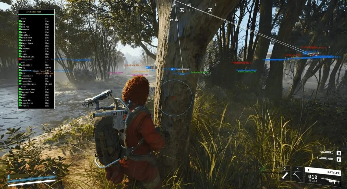 Hyperion ESP and aimbot menu in ARC Raiders with enemies boxed and named