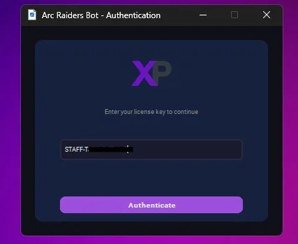 XPBot authentication window with a license key field and an Authenticate button