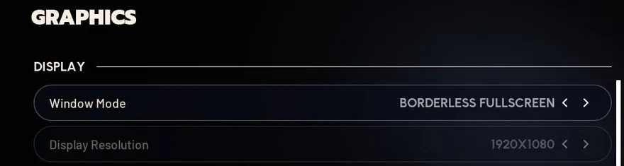 ARC Raiders graphics settings with Window Mode set to Borderless Fullscreen at 1920 by 1080