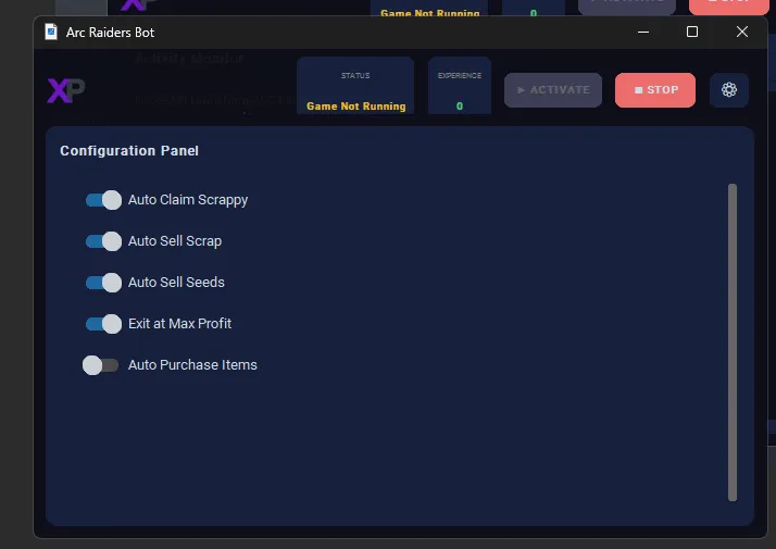 The XPBot configuration panel with auto-claim, auto-sell and exit-at-max-profit toggles