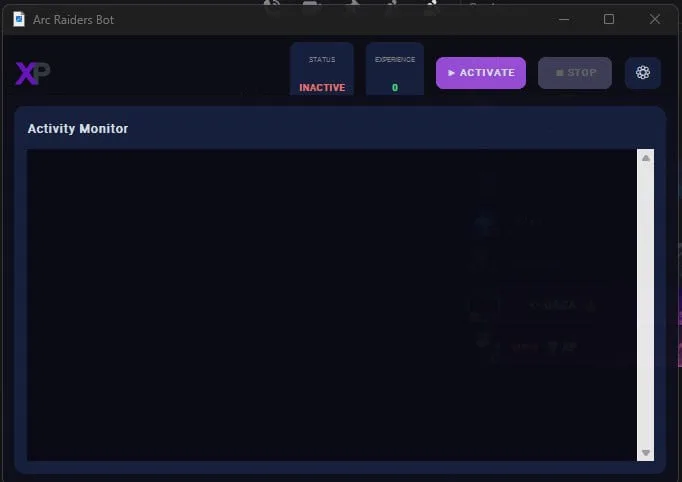The XPBot main dashboard with Activate and Stop controls and a live activity monitor