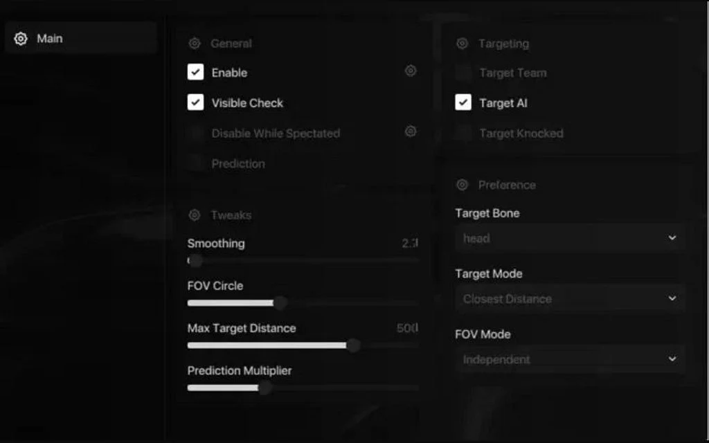 BO7 aimbot menu showing aim presets, bone selection, FOV circle, smoothing and visibility-check toggles for 6v6