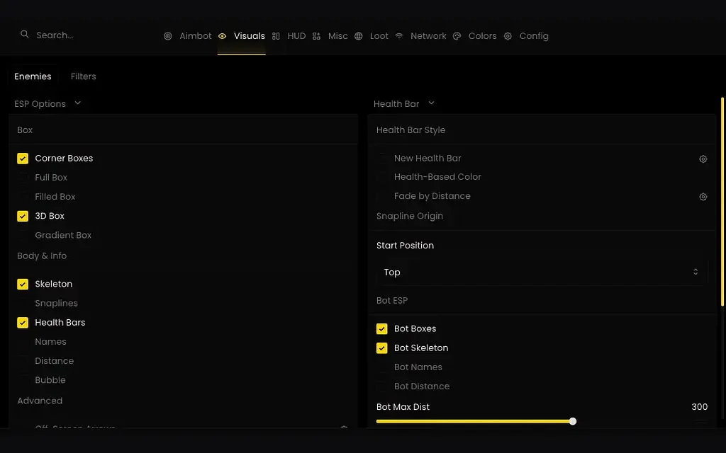 BO7 ESP wallhack menu with box, skeleton, health, name and distance toggles and a Mini UAV option