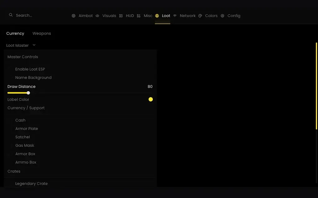 BO7 cheat menu loot ESP with cash, armour, crates and weapon-class filters