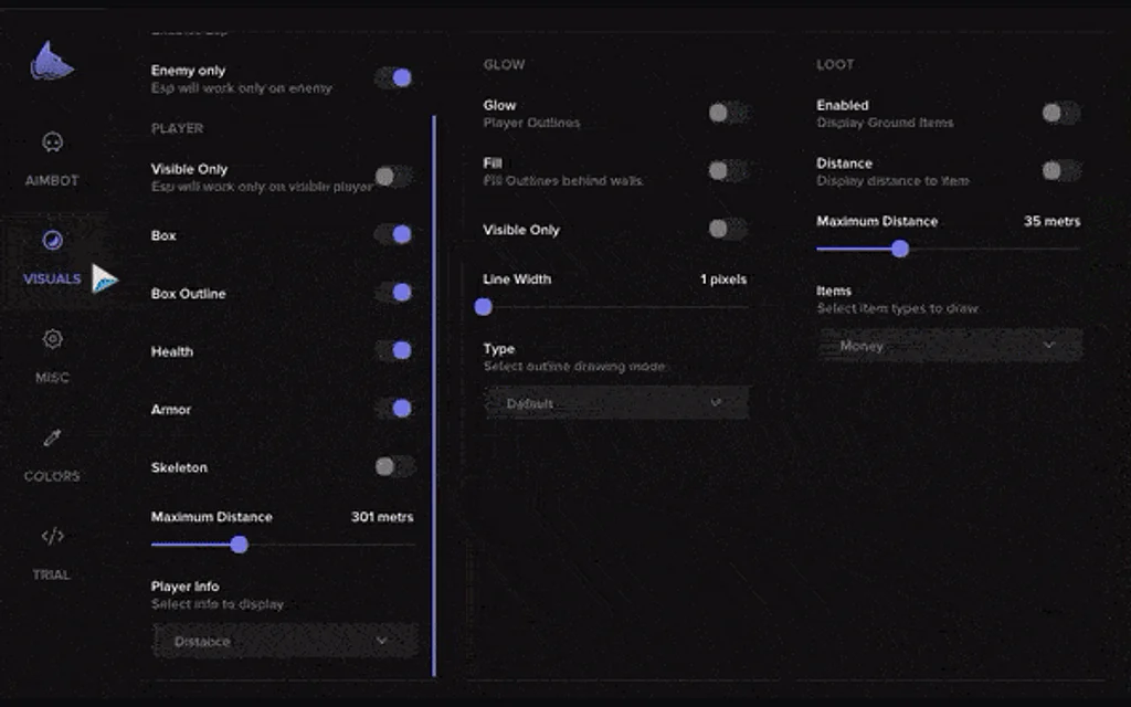 The Fecurity Visuals tab with box, skeleton, health, glow and loot ESP