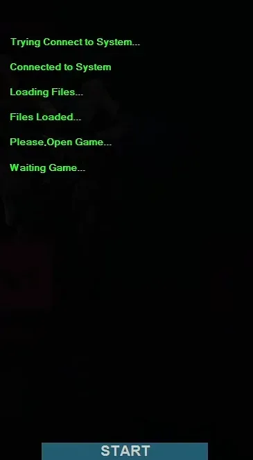 The Hyperion loader connecting, loading files and waiting for the game with a START button