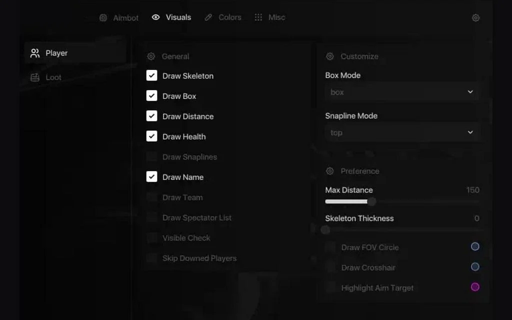 Riven cheat menu Visuals tab with skeleton, box, health, name and distance ESP