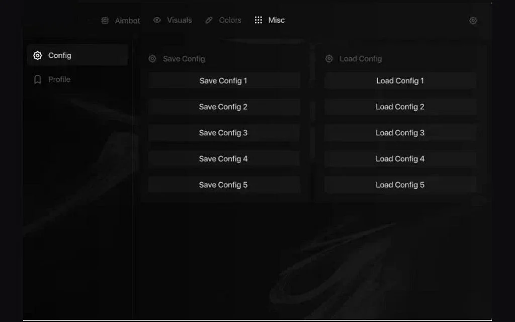 Riven cheat menu Misc tab with save and load config profiles