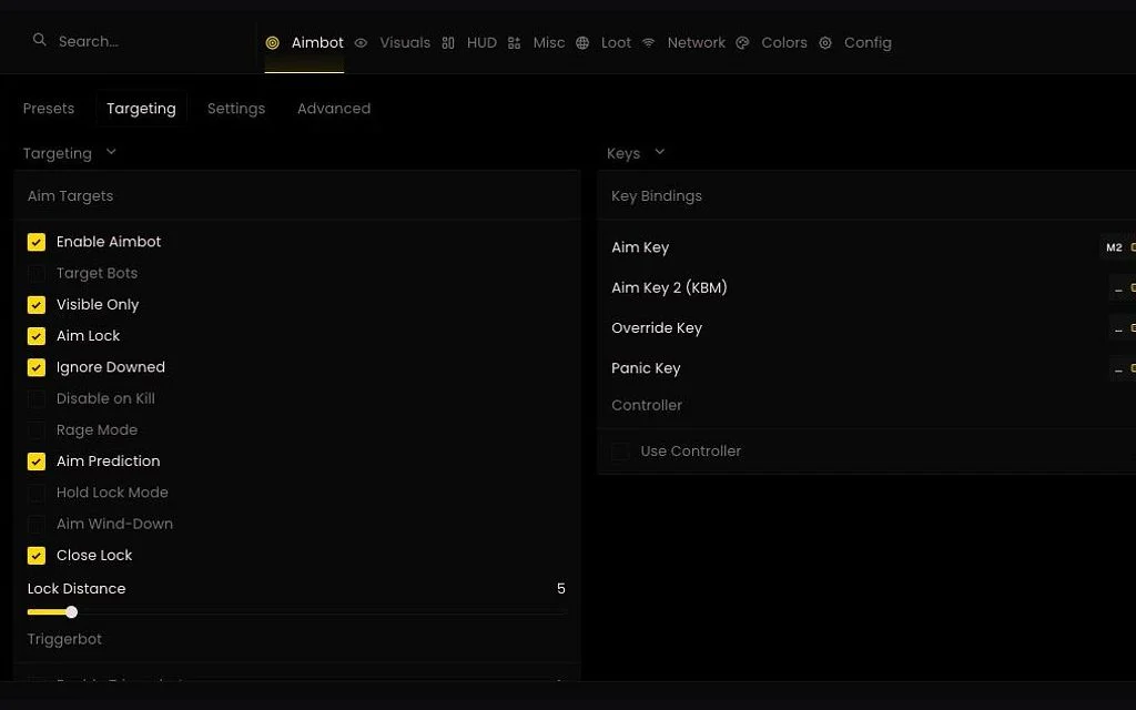 The Royal Aimbot tab with targeting, aim lock, prediction and key bindings