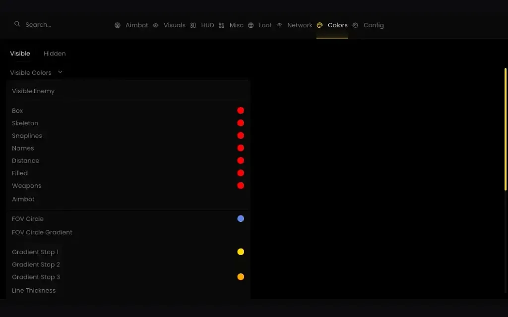 The Royal Colors tab with visible and hidden ESP colours