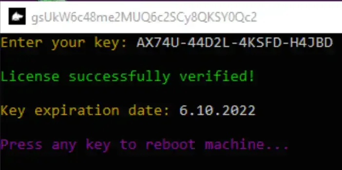 The loader confirming the license and prompting to reboot the machine