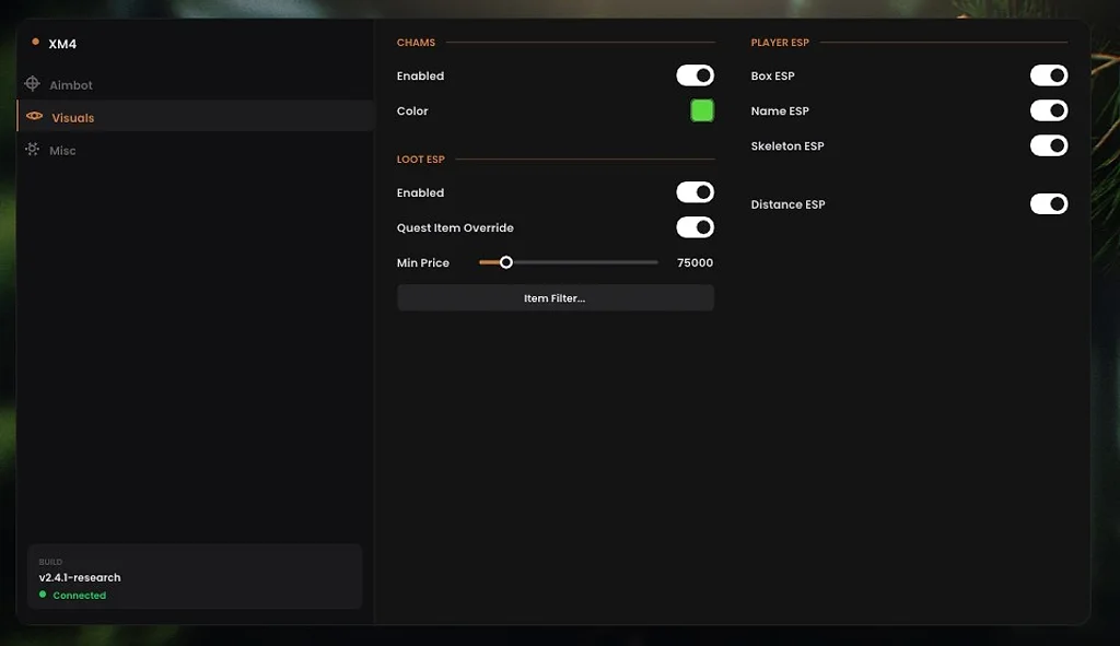 Escape from Tarkov Army visuals menu with chams, player box, skeleton and a flea-priced loot filter