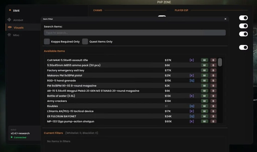 The Army loot filter listing Escape from Tarkov items by flea price with Kappa-required and quest-item toggles