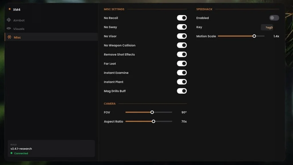 Escape from Tarkov Army misc menu with no weapon collision, mag drills buff, aspect ratio and speedhack