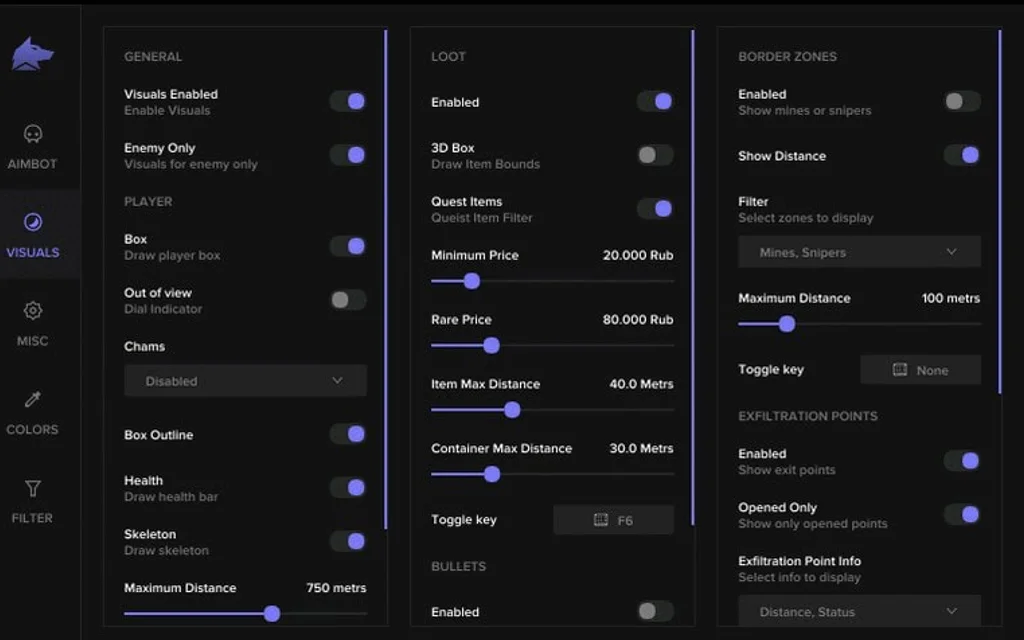 Escape from Tarkov ESP menu with player box, skeleton, health bar, out-of-view indicator and loot options