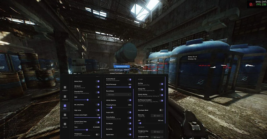 Escape from Tarkov gameplay with the Fecurity misc menu open over a Factory interior
