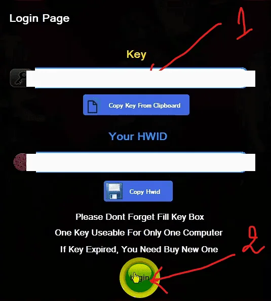 The Hyperion loader login page with a key field and a Login button