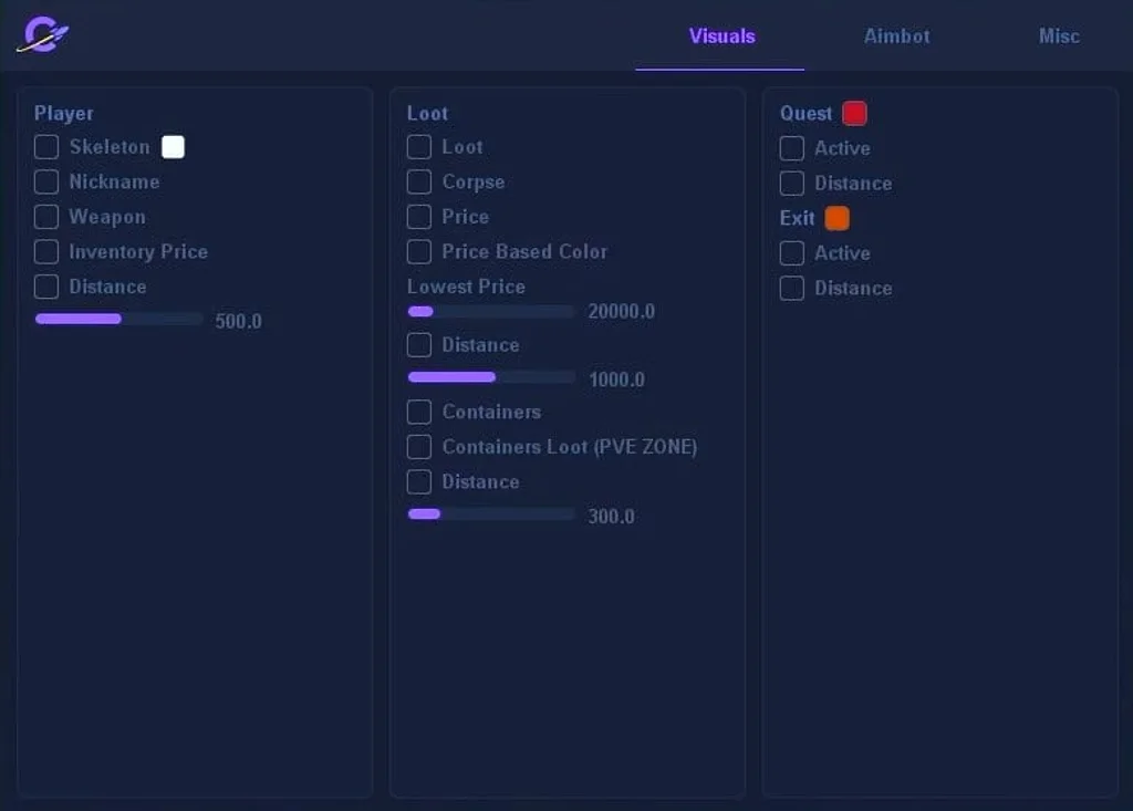 The Odin visuals menu showing price-coloured loot, PVE-zone containers, quests and exit points