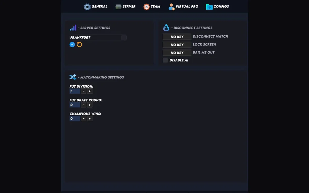 FC 26 cheat menu with FUT division, draft-round and Champions-win spoofers and a server region picker