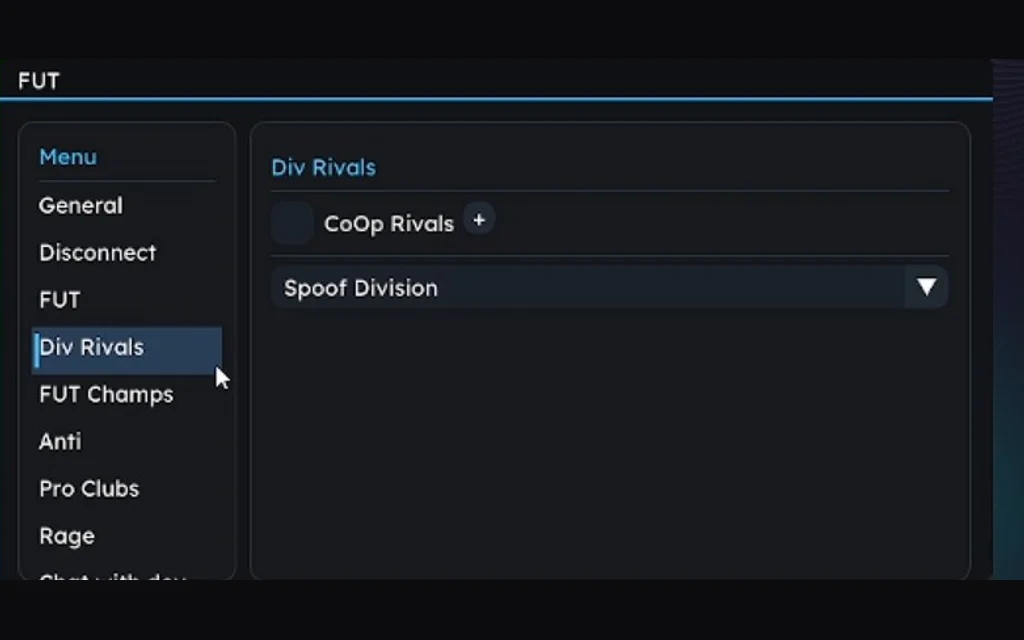 The FUTX Division Rivals tab with Coop Rivals support and Spoof Division