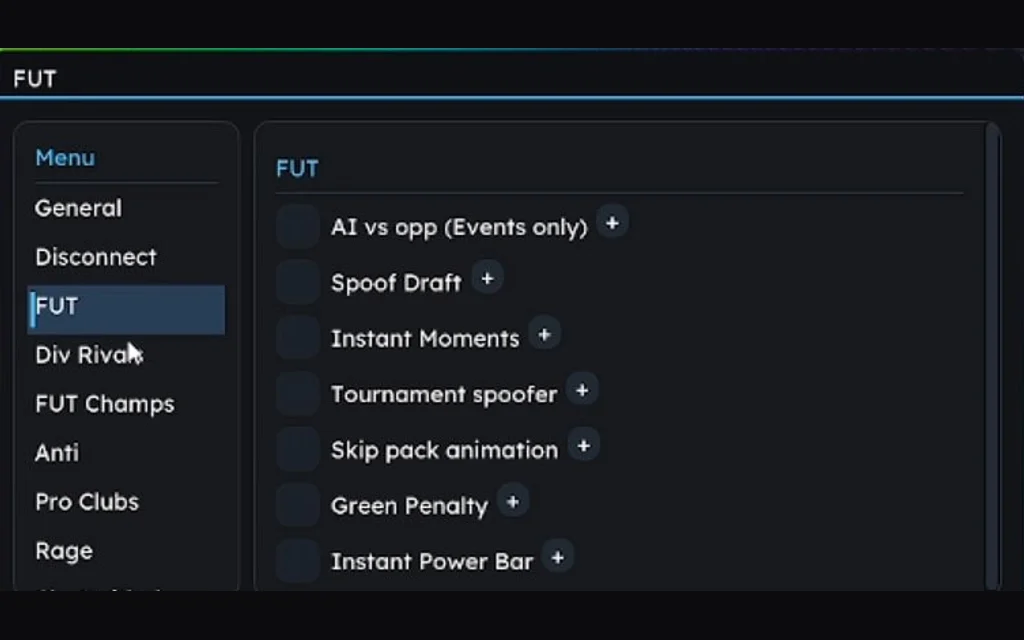 The FUTX FUT tab with Spoof Draft, Tournament spoofer, Instant Moments and Green Penalty