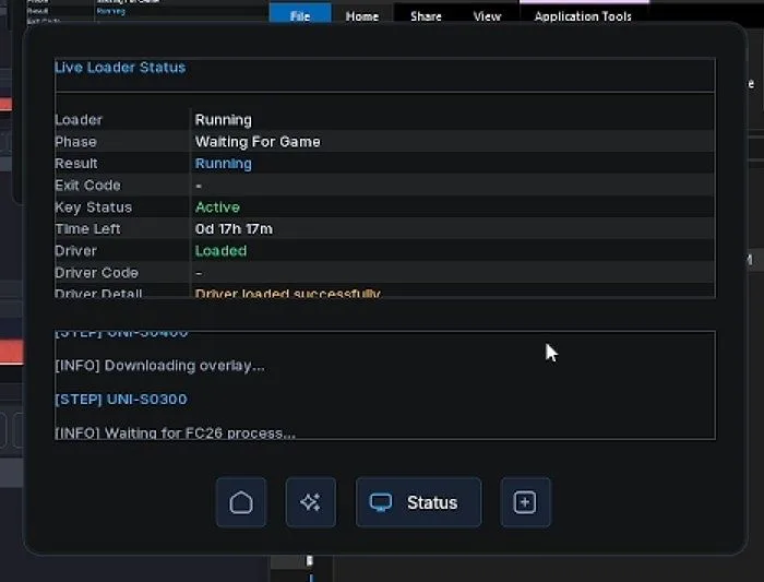 The FUTX Live Loader Status panel reading Waiting For Game with the key marked Active