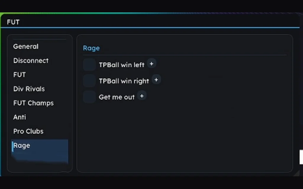 The FUTX Rage tab with teleport-ball win-left, win-right and get-me-out