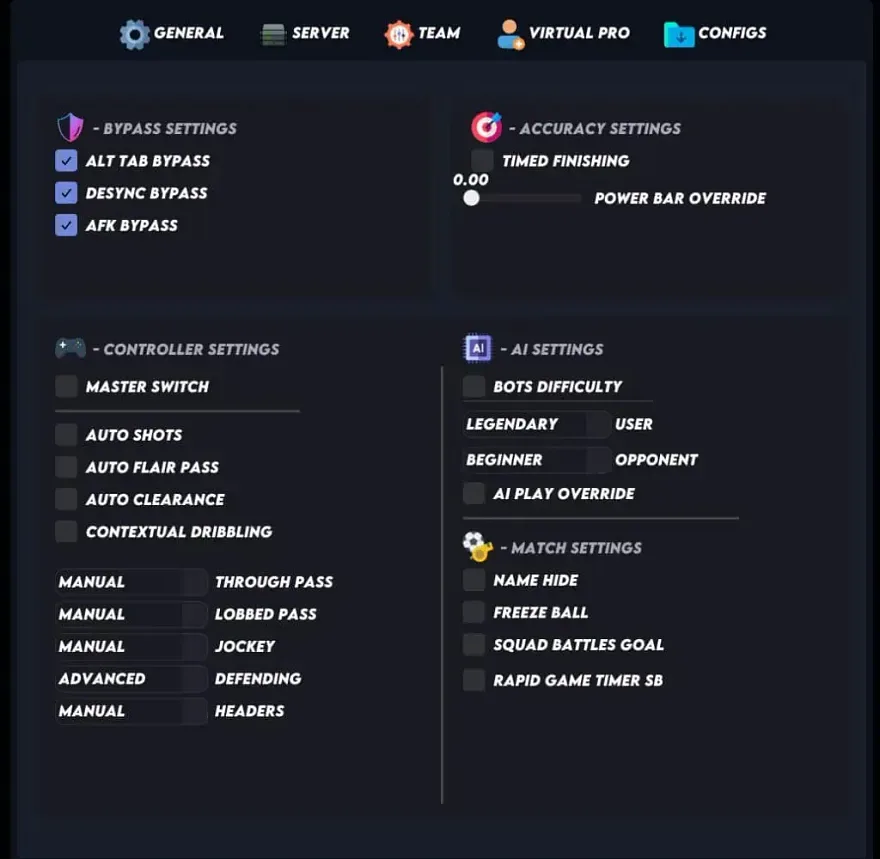 The Internal General tab in FC 26 with bypass settings, timed finishing, AI bot difficulty and match settings