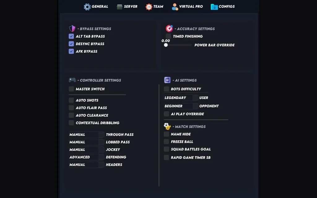 The Internal main menu with bypasses, AI settings and match toggles