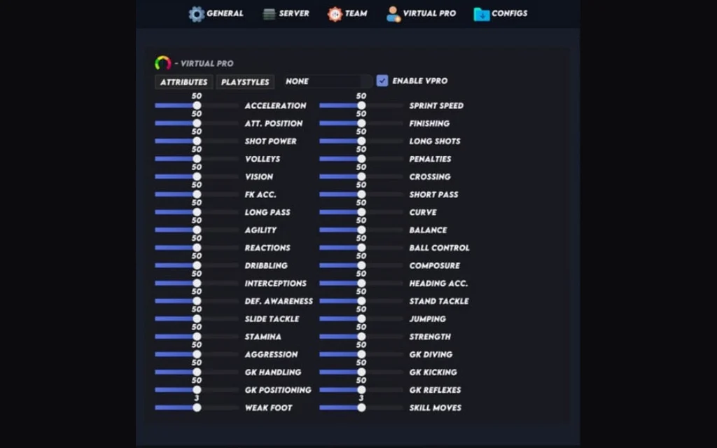 Lite FC 26 cheat menu stat panel with per-attribute sliders, five-star skills and body type