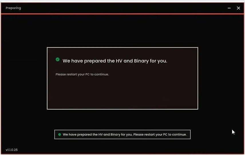 The Meta loader confirming the build is prepared and asking you to restart your PC to continue
