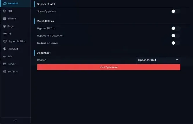 The Meta General tab with Show Opps Info, Bypass Alt Tab, Bypass AFK Detection and No Loss on Leave toggles