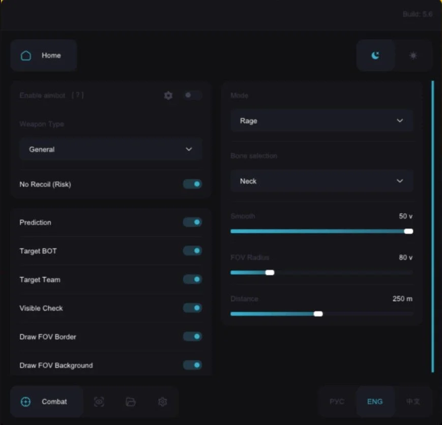 Fortnite Ares aimbot menu with Legit or Rage mode, bone selection, smoothing and FOV radius