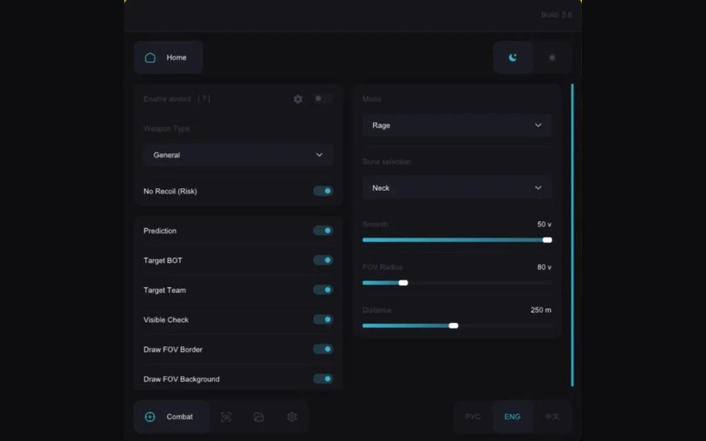 Fortnite aimbot menu showing mode, weapon type, bone selection, smoothing and FOV radius