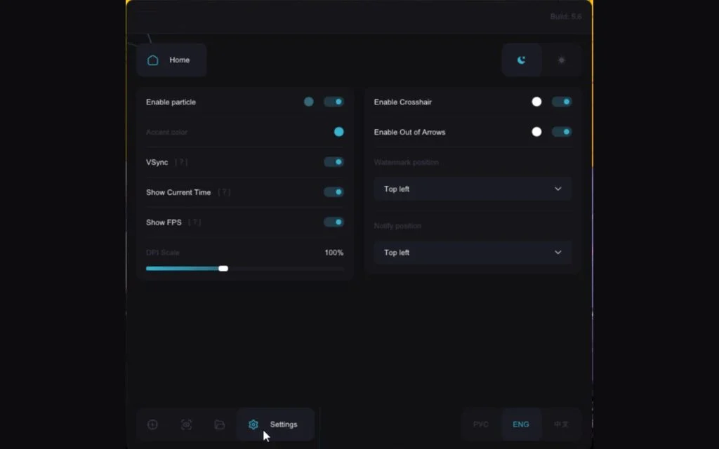 Fortnite cheat misc menu with crosshair, off-screen arrows, VSync and overlay settings