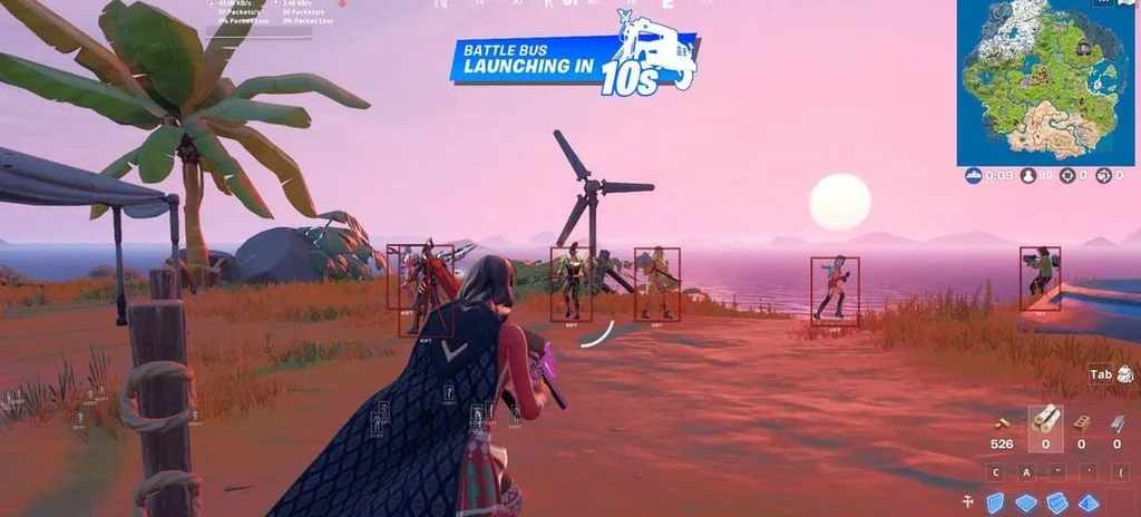 Fortnite Fecurity ESP showing red boxes on multiple enemy players at the bus drop