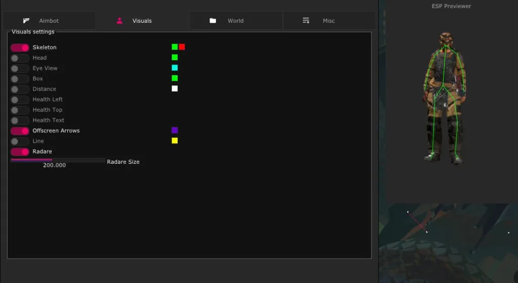 The Visor visuals tab with skeleton, box, chams, off-screen arrows and radar