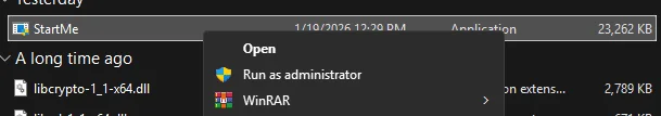 Right-clicking StartMe and choosing Run as administrator