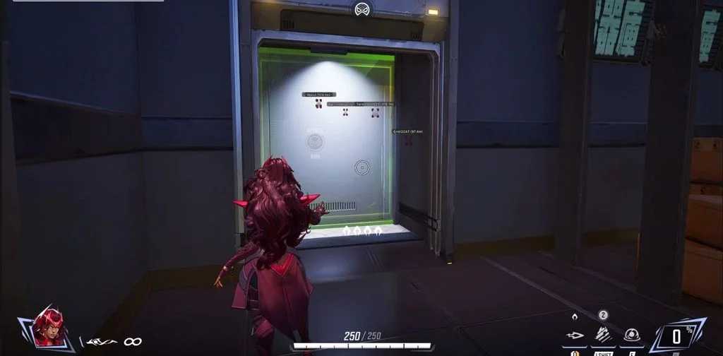 Marvel Rivals Ares ESP reading enemy names and distance through cover on an escort objective