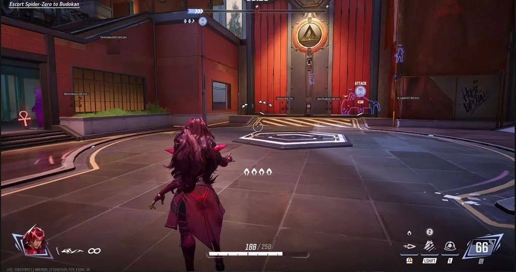 Marvel Rivals Ares ESP outlining enemy heroes with names and distance during an escort match