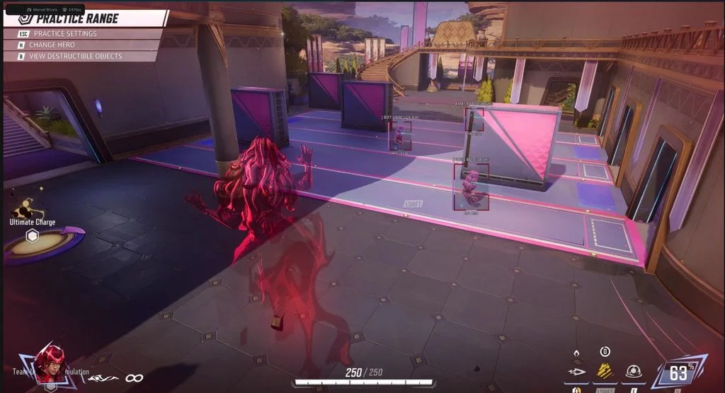 Marvel Rivals Ares ESP drawing boxes, health and distance on multiple enemies in the practice range