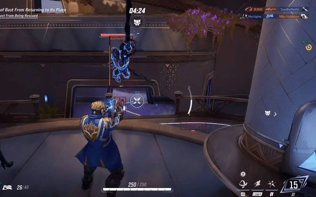 Marvel Rivals aimbot tracking an enemy hero with a red ESP box and skeleton during a team fight