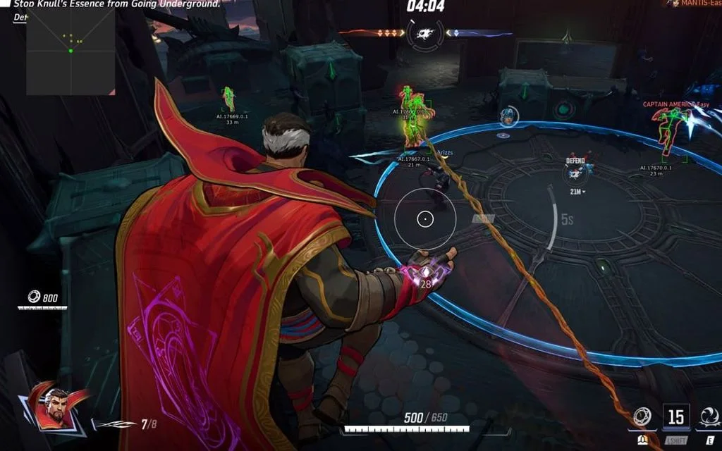 Marvel Rivals ESP showing green enemy skeletons, hero names, distance and a 2D radar top-left