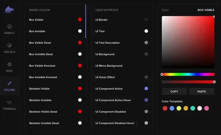 The Fecurity colours menu setting custom box and skeleton ESP colours
