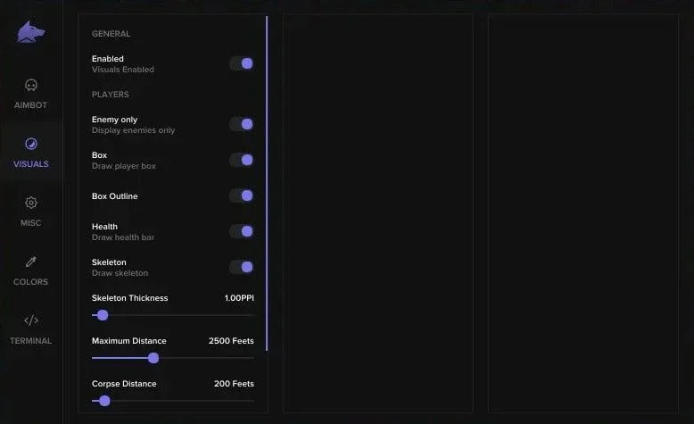 The Fecurity visuals tab with box, health, skeleton and distance toggles