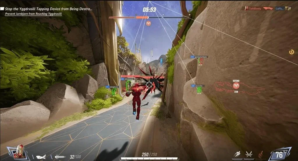Hyperion ESP tracking an airborne enemy hero with name and distance